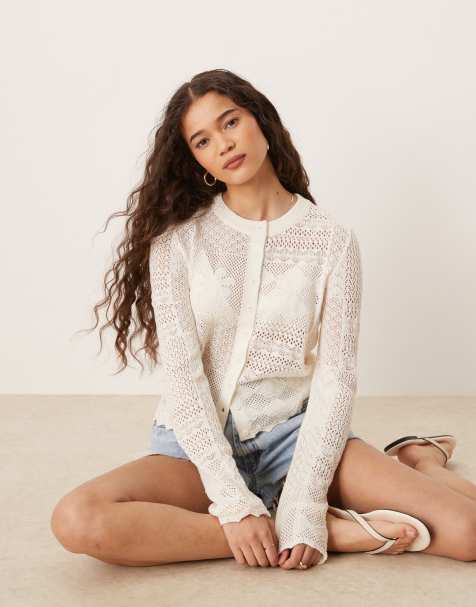 ASOS DESIGN patchwork stitch interest knitted cardigan in cream
