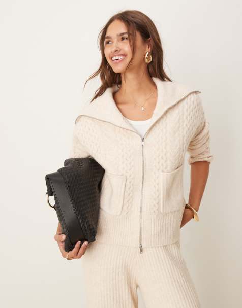 ASOS DESIGN – Kremowy dzianinowy kardigan o warkoczowym splocie zapinany na zamek z kołnierzem, część zestawu - view 1