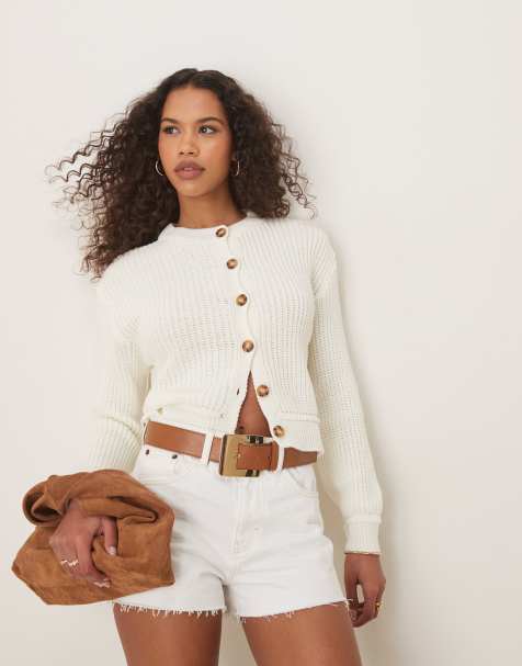 ASOS DESIGN knitted crew neck cardigan in cream