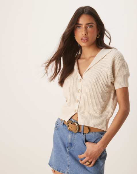 ASOS DESIGN knitted structured collar short sleeve cardigan with gold buttons in cream