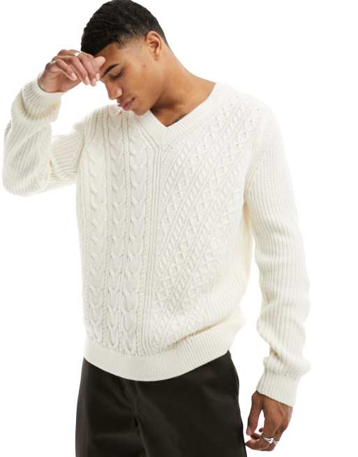 ASOS DESIGN – Kremowy dzianinowy sweter ze wstawkami z warkoczowym splotem