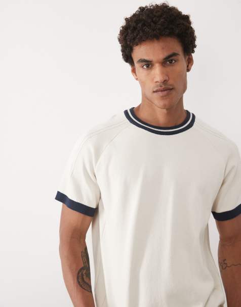 ASOS DESIGN – Kremowy, dzianinowy T-shirt o luźnym kroju, z granatową lamówką - view 1