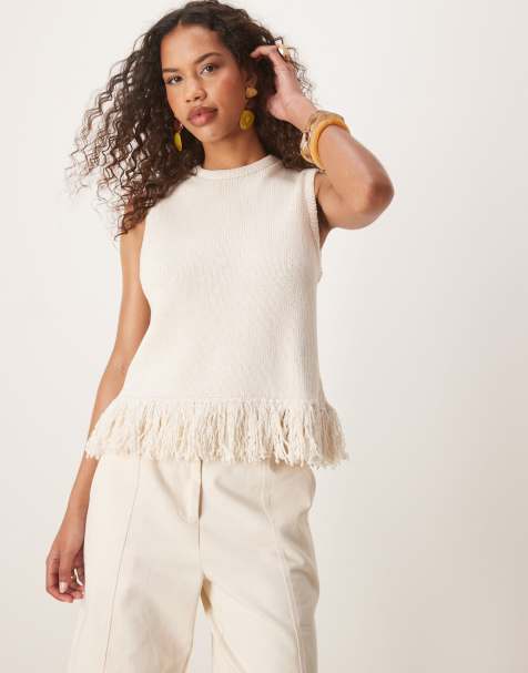 ASOS DESIGN clean knitted fringed tank in cream