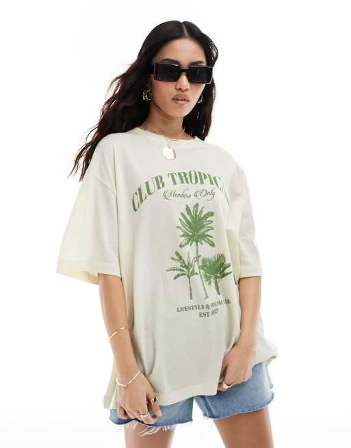 ASOS DESIGN – Kremowy fakturowany T-shirt o fasonie boyfriend z grafiką z napisem „Club Tropicana”