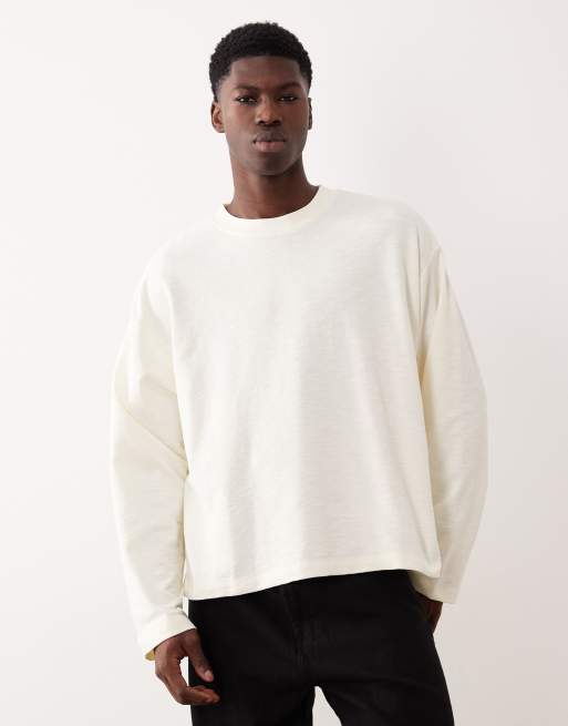 ASOS DESIGN – Kremowy fakturowany T-shirt oversize o pudełkowym kroju z długimi rękawami