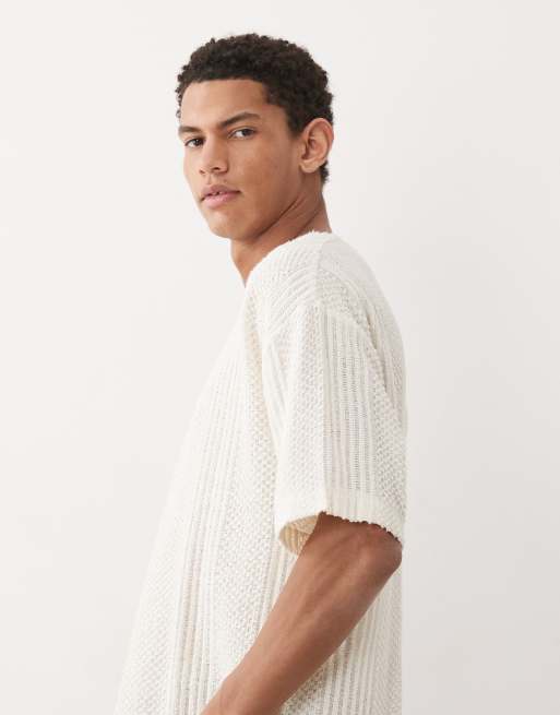 ASOS DESIGN – Kremowy fakturowany T-shirt oversize z dekoltem V , 4 z 5