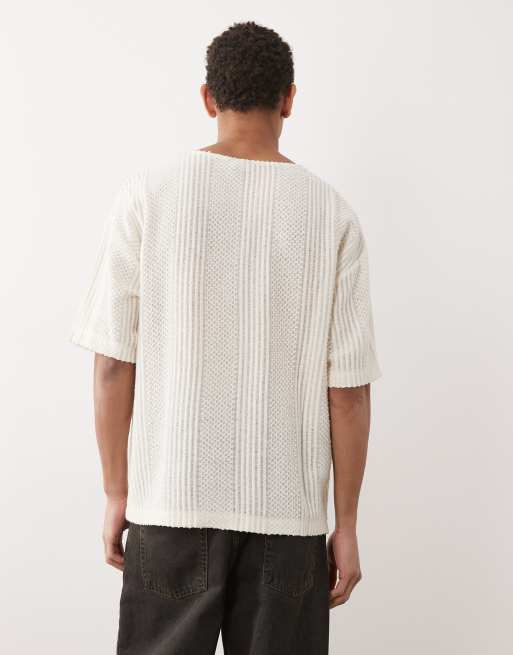 ASOS DESIGN – Kremowy fakturowany T-shirt oversize z dekoltem V , 5 z 5