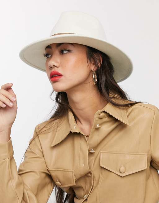 ASOS DESIGN – Kremowy filcowy kapelusz Fedora z jasnobrązową taśmą i regulacją rozmiaru