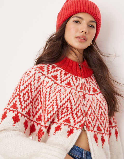 ASOS DESIGN – Kremowy gruby kardigan z zapięciem na zamek i czerwonym skandynawskim wzorem