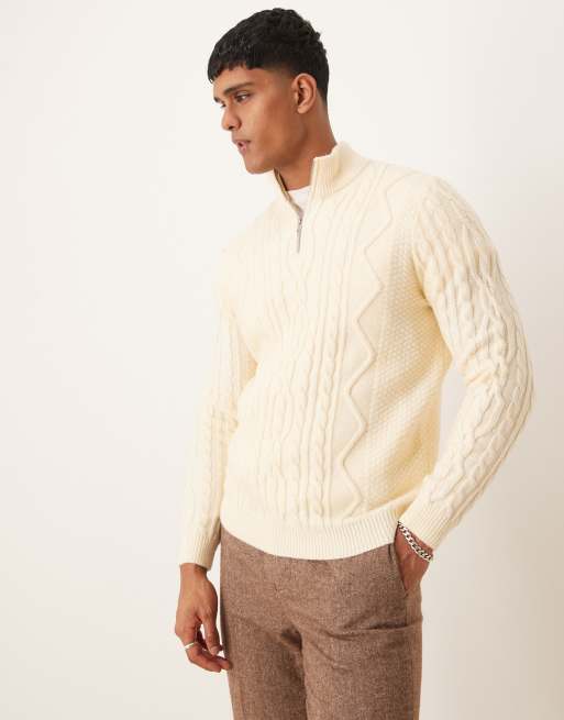 ASOS DESIGN – Kremowy gruby sweter z dzianiny o warkoczowym splocie z suwakiem pod szyją
