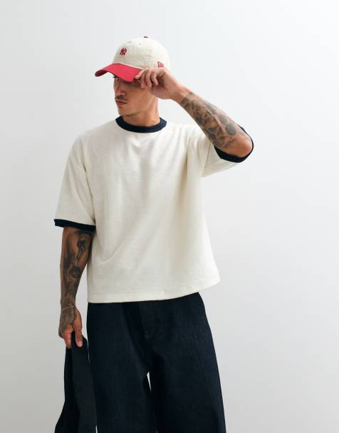 ASOS DESIGN – Kremowy gruby T-shirt o pudełkowym kroju oversize z frotté z lamówką - view 1