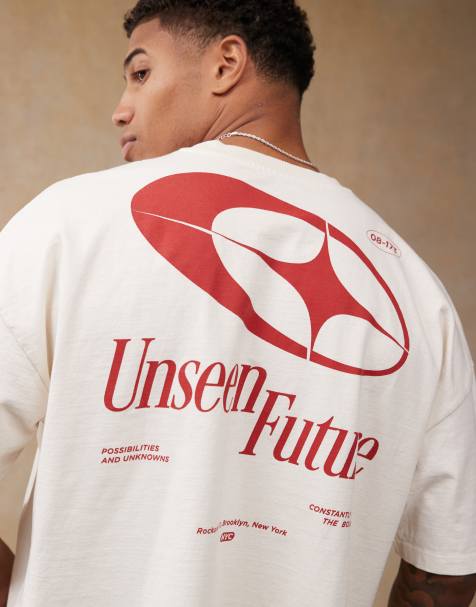 ASOS DESIGN – Kremowy gruby T-shirt o pudełkowym kroju oversize z obniżoną linią ramion i nadrukiem na plecach - view 1