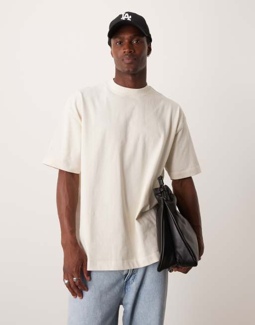 ASOS DESIGN – Kremowy gruby T-shirt oversize z zabudowanym dekoltem premium