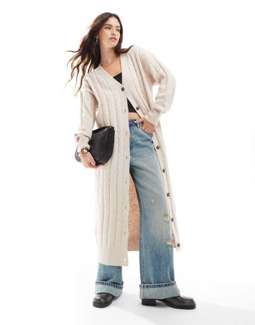 ASOS DESIGN – Kremowy kardigan maxi z warkoczowym splotem