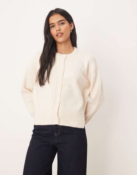 ASOS DESIGN boxy crew neck cardigan with side split detail in cream