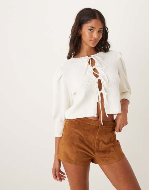 ASOS DESIGN puff sleeve tie front cardigan in cream
