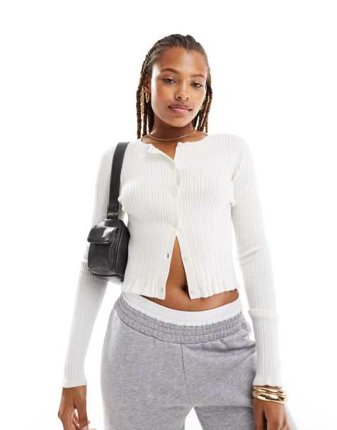 ASOS DESIGN button front cardigan with frill co-ord in cream