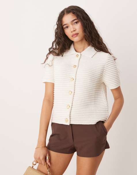 ASOS DESIGN short sleeve stitch cardigan with shell buttons in cream