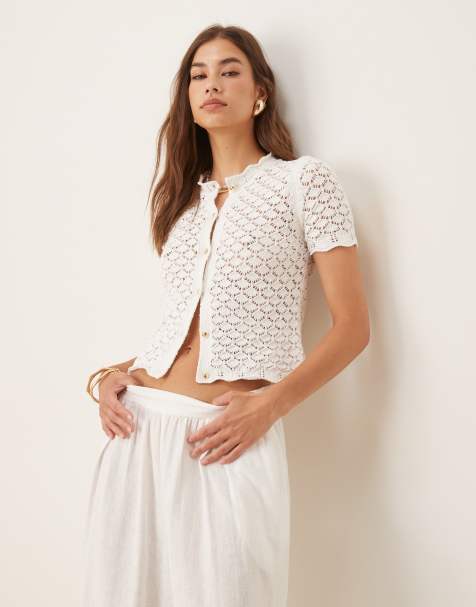 ASOS DESIGN pointelle stitch short sleeve cardigan in cream