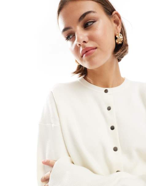 ASOS DESIGN crew neck cardigan with rib hem detail in cream