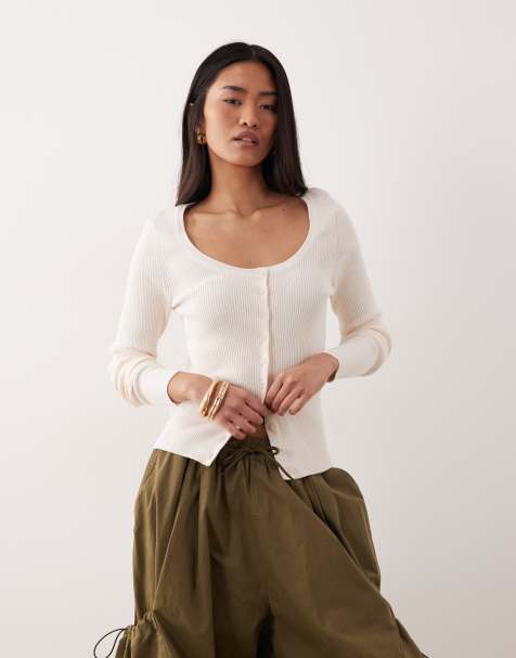 ASOS DESIGN – Kremowy kardigan z szerokim dekoltem w kształcie litery U z mieszanki bawełny - view 1