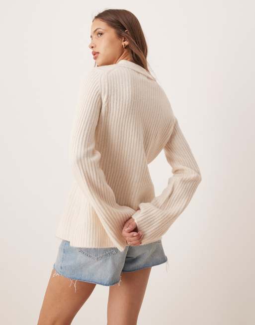 ASOS DESIGN – Kremowy kardigany z prążkowanej dzianiny, z kołnierzykiem, 4 z 4