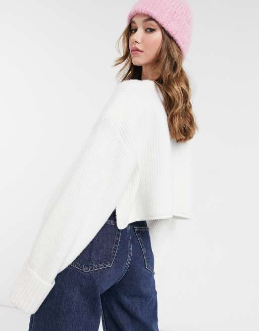 ASOS DESIGN – Kremowy krótki sweter z wywijanymi mankietami, 2 z 4