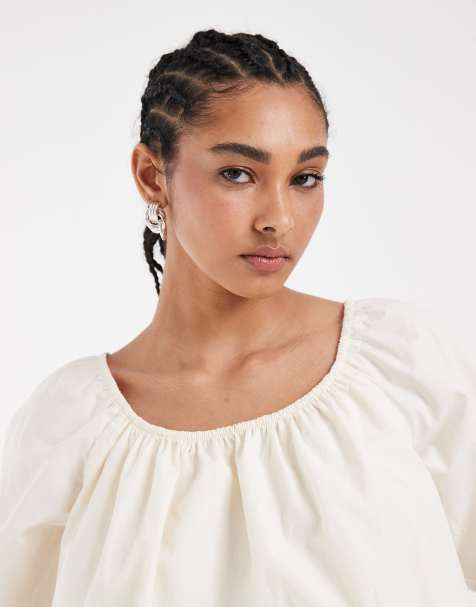 ASOS DESIGN – Kremowy krótki top o bufiastym kroju z popeliny - view 1