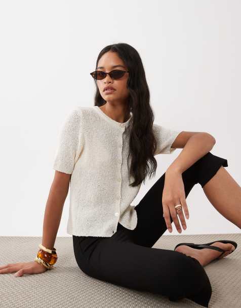 ASOS DESIGN – Kremowy luźny kardigan z krótkimi rękawami o fakturze slub - view 1