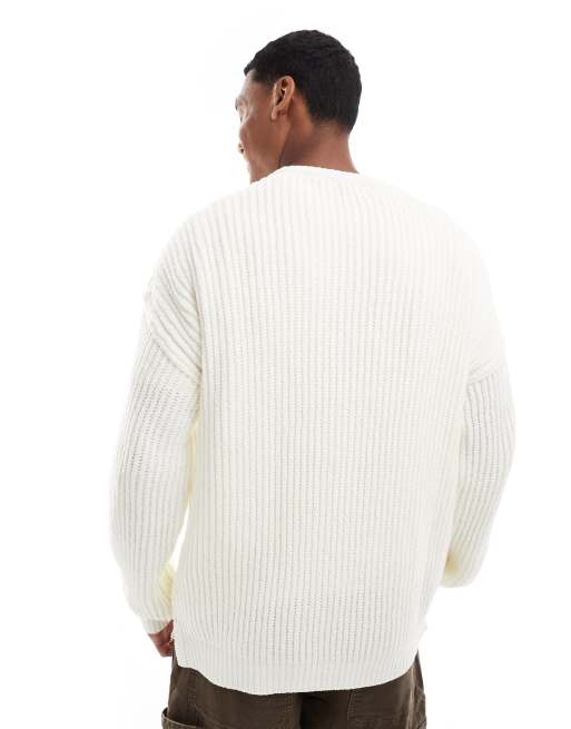 ASOS DESIGN – Kremowy luźny prążkowany sweter szenilowy z okrągłym dekoltem, 2 z 4