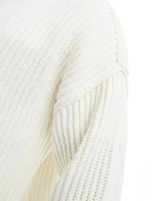 ASOS DESIGN – Kremowy luźny prążkowany sweter szenilowy z okrągłym dekoltem, 3 z 4