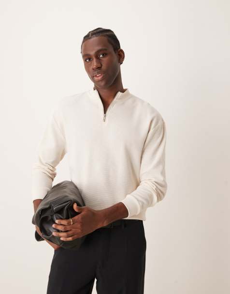 ASOS DESIGN relaxed boxy long sleeve waffle t-shirt with zip neck in cream