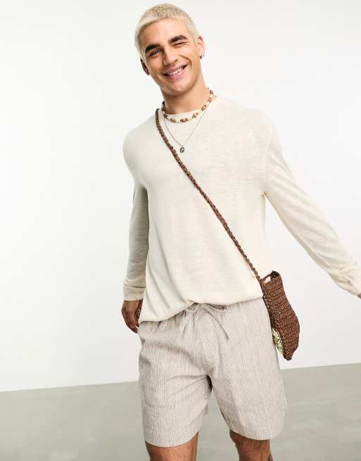 ASOS DESIGN – Kremowy luźny T-shirt z długimi rękawami z materiału imitującego len