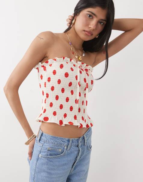 ASOS DESIGN – Kremowy marszczony top bandeau z wiązaniem z przodu w czerwone groszki - view 1