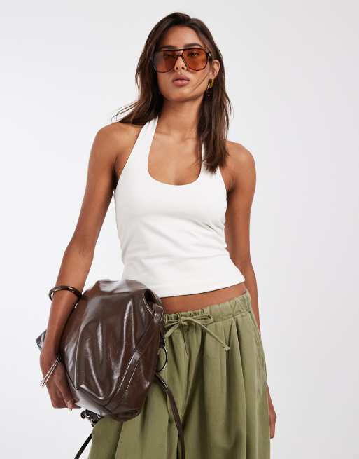 ASOS DESIGN – Kremowy minimalistyczny dwuwarstwowy top z dekoltem typu halter, 2 z 4