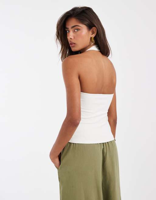 ASOS DESIGN – Kremowy minimalistyczny dwuwarstwowy top z dekoltem typu halter, 4 z 4