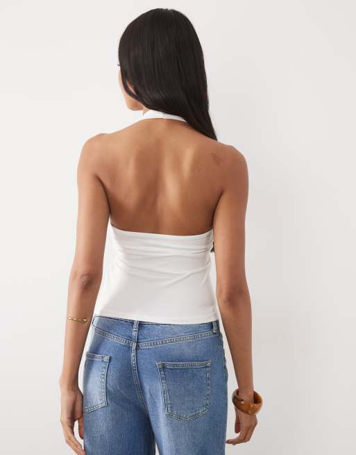 ASOS DESIGN – Kremowy minimalistyczny dwuwarstwowy top z dekoltem typu halter, 4 z 4