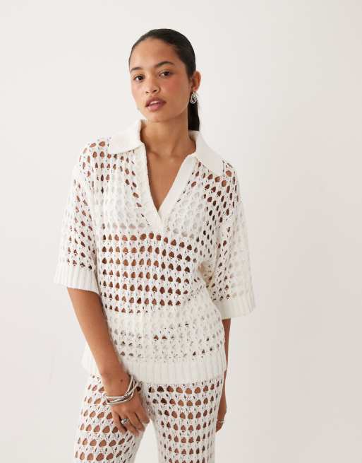 ASOS DESIGN – Kremowy zestaw: top z kołnierzykiem i krótkimi rękawami i spodnie z szerokimi nogawkami, 3 z 3