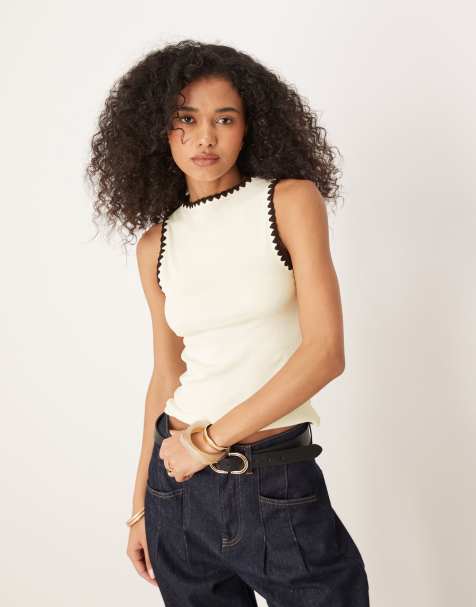 ASOS DESIGN boat neck tank with blanket stitch retail in cream