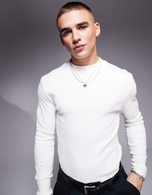 ASOS DESIGN – Kremowy prążkowany T-shirt o kroju podkreślającym sylwetkę z zabudowanym dekoltem i długim rękawem