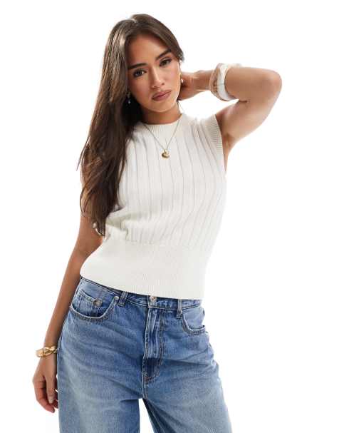 ASOS DESIGN knitted wide rib tank with sculpted hem detail in cream