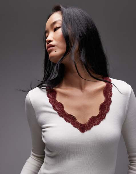 ASOS DESIGN rib long sleeve top with lace detail in cream