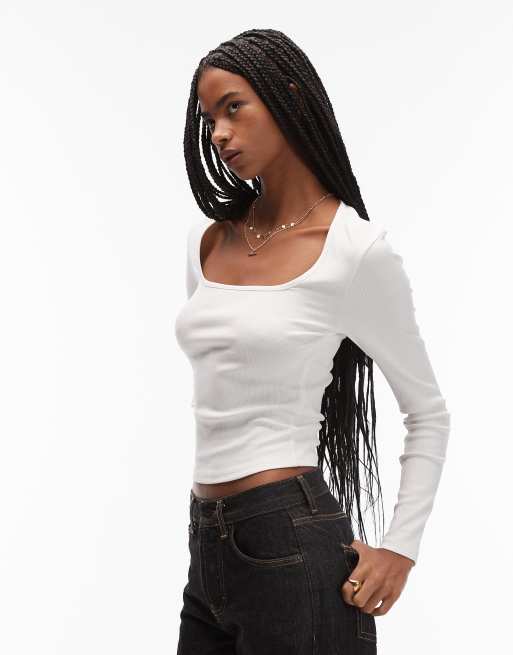 ASOS DESIGN – Kremowy prążkowany top z długimi rękawami i dekoltem karo
