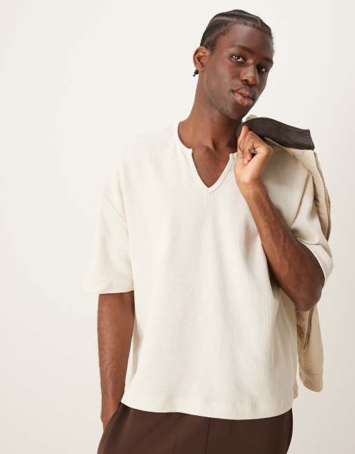 ASOS DESIGN – Kremowy pudełkowy T-shirt oversize z wycięciem przy szyi z materiału o waflowej strukturze