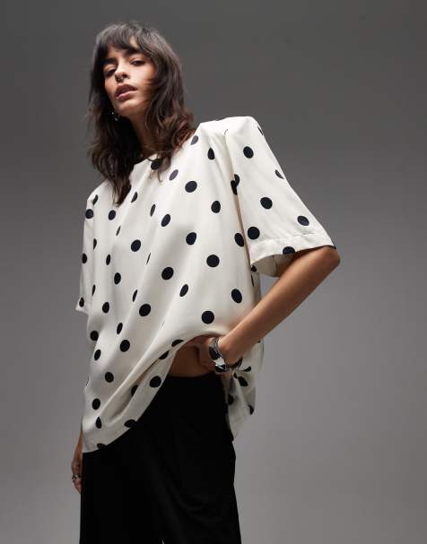 ASOS DESIGN satin shoulder pad t shirt in cream polka dot