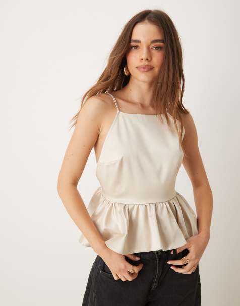 ASOS DESIGN cami with peplum in bonded satin in cream