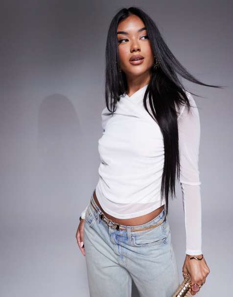 ASOS DESIGN – Kremowy, siateczkowy top kopertowy z długimi rękawami - view 1