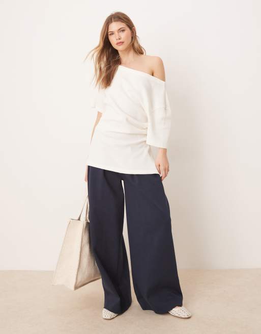 ASOS DESIGN – Kremowy sprany T-shirt o waflowej fakturze z odsłoniętymi ramionami i zwężeniem w talii