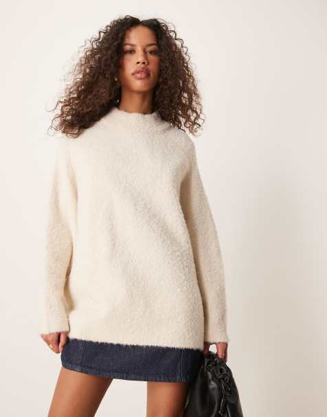 ASOS DESIGN – Kremowy sweter oversize z okrągłym dekoltem z dzianiny boucle - view 1