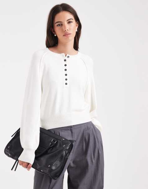 ASOS DESIGN – Kremowy sweter z długimi rękawami, dekoltem henley i kontrastowymi guzikami - view 1